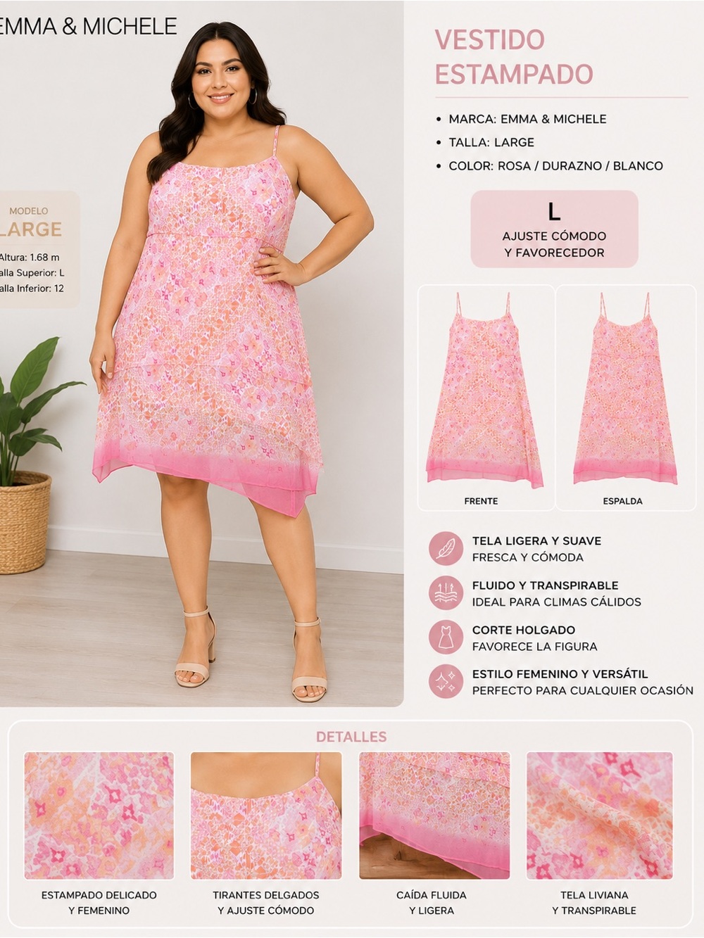 Emma & Michele Pink Peach White Printed Sleeveless Summer Dress